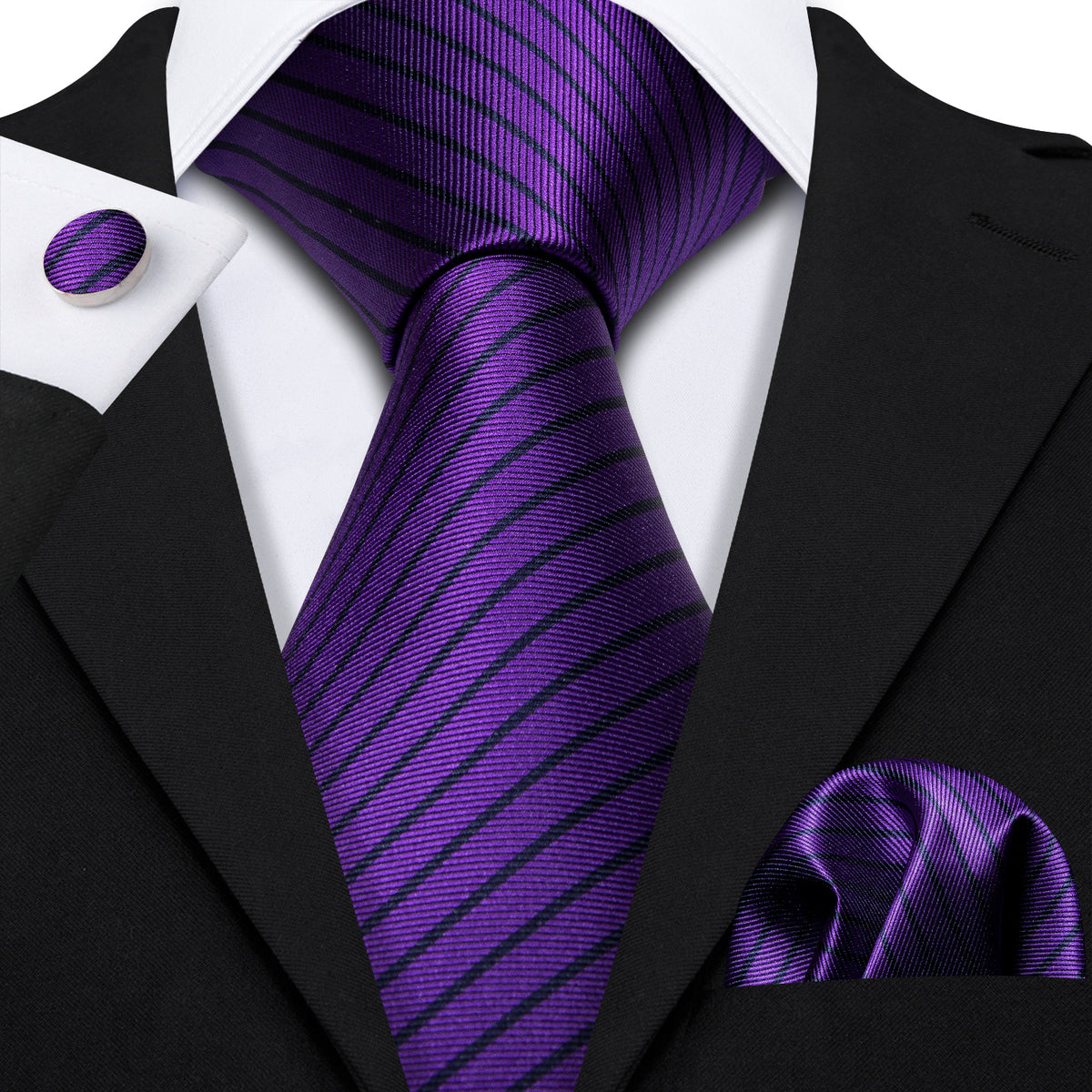 Purple Black Stripe Tie, Pocket Square and Cufflinks Set tie sets    - Sophisticated Gentlemen