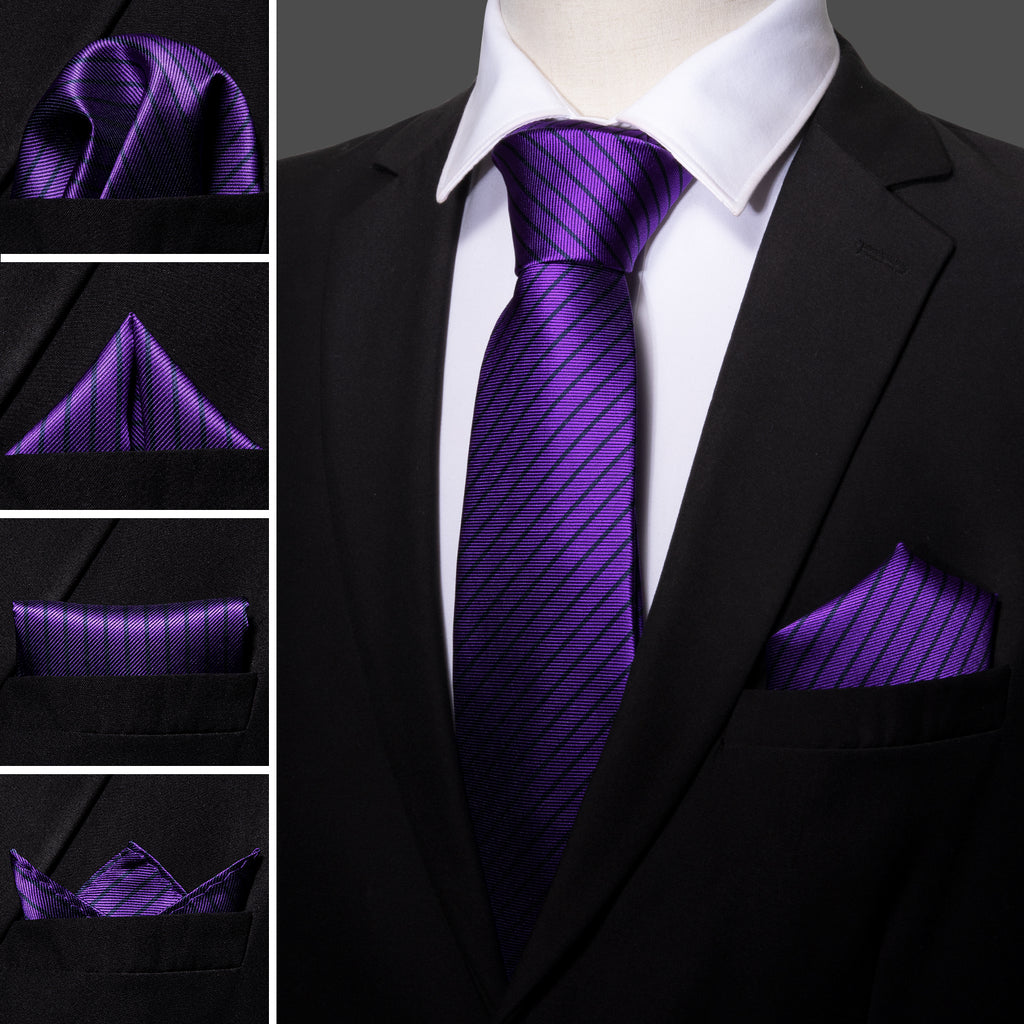 Purple Black Stripe Tie, Pocket Square and Cufflinks Set tie sets    - Sophisticated Gentlemen