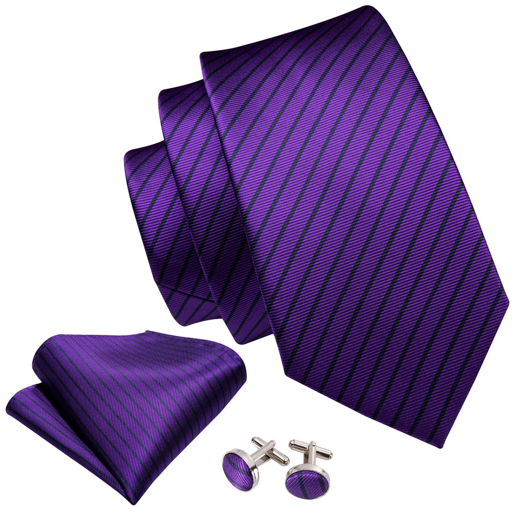 Purple Black Stripe Tie, Pocket Square and Cufflinks Set tie sets    - Sophisticated Gentlemen