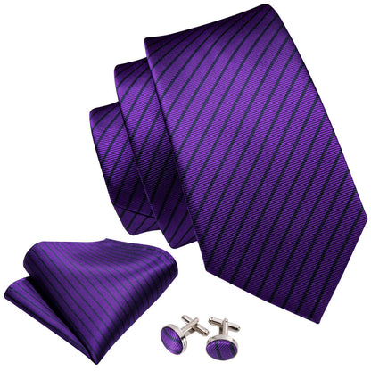 Purple Black Stripe Tie, Pocket Square and Cufflinks Set tie sets    - Sophisticated Gentlemen