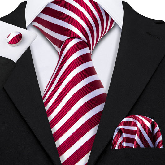 Crimson Red & White Striped Silk Tie, Pocket Square & Cufflinks Set tie sets - Sophisticated Gentlemen
