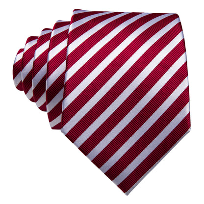 Crimson Red & White Striped Silk Tie, Pocket Square & Cufflinks Set tie sets - Sophisticated Gentlemen