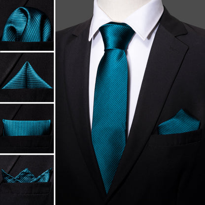 Teal Blue Solid Dark Blue Stripe Tie, Pocket Square and Cufflinks Set tie sets    - Sophisticated Gentlemen