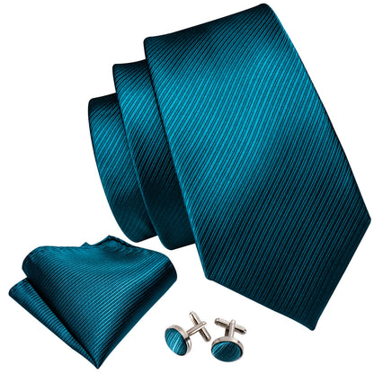 Teal Blue Solid Dark Blue Stripe Tie, Pocket Square and Cufflinks Set tie sets    - Sophisticated Gentlemen