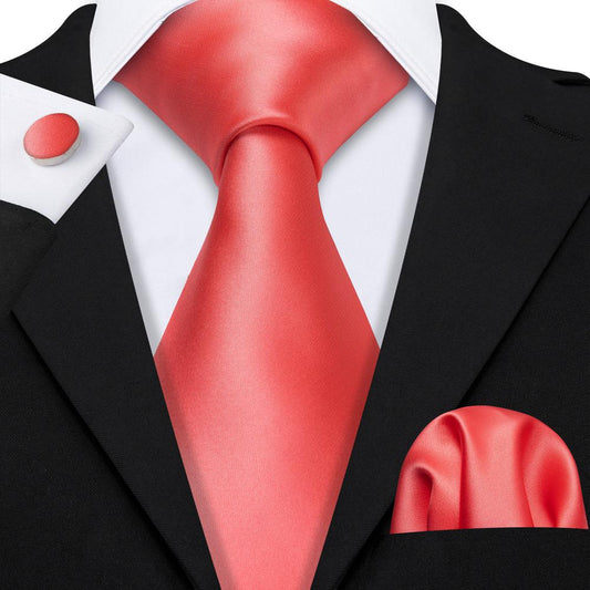 Coral Red Solid Tie, Pocket Square, and Cufflinks Set tie sets    - Sophisticated Gentlemen