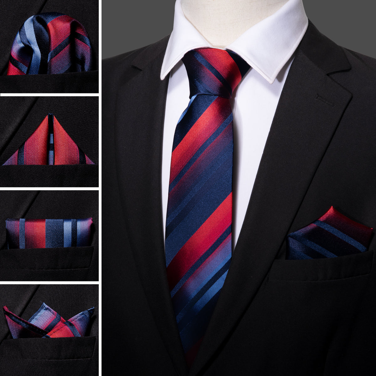 Blue Red Gradient Stripe Tie, Pocket Square and Cufflinks Set tie sets    - Sophisticated Gentlemen