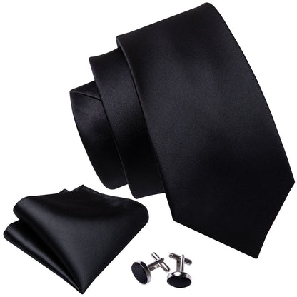 Black Solid Tie, Pocket Square and Cufflinks Set tie sets    - Sophisticated Gentlemen