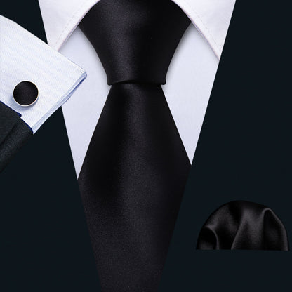 Black Solid Tie, Pocket Square and Cufflinks Set tie sets    - Sophisticated Gentlemen