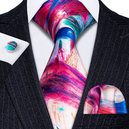 Red Yellow Teal Novelty Print Silk Tie, Pocket Square and Cufflinks Set tie sets    - Sophisticated Gentlemen