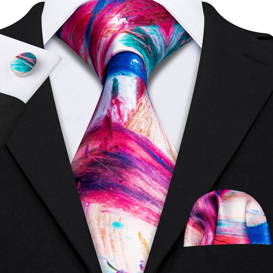 Red Yellow Teal Novelty Print Silk Tie, Pocket Square and Cufflinks Set tie sets    - Sophisticated Gentlemen
