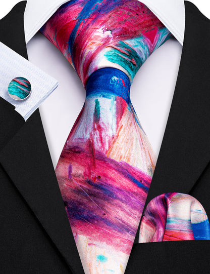 Red Yellow Teal Novelty Print Silk Tie, Pocket Square and Cufflinks Set tie sets    - Sophisticated Gentlemen