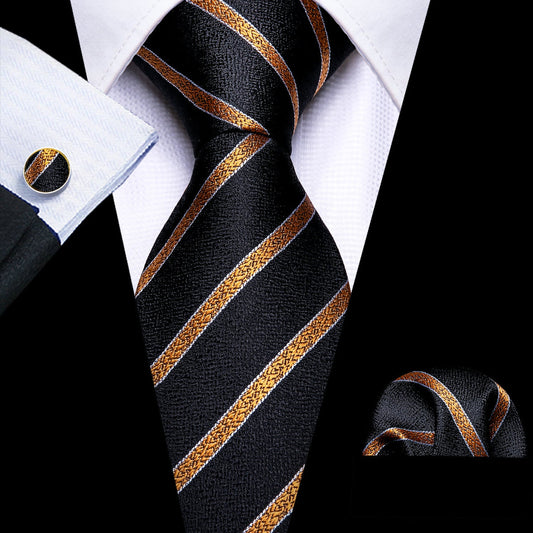 Gold-Striped Black Tie Set with Pocket Square & Cufflinks tie sets Default Title - Sophisticated Gentlemen