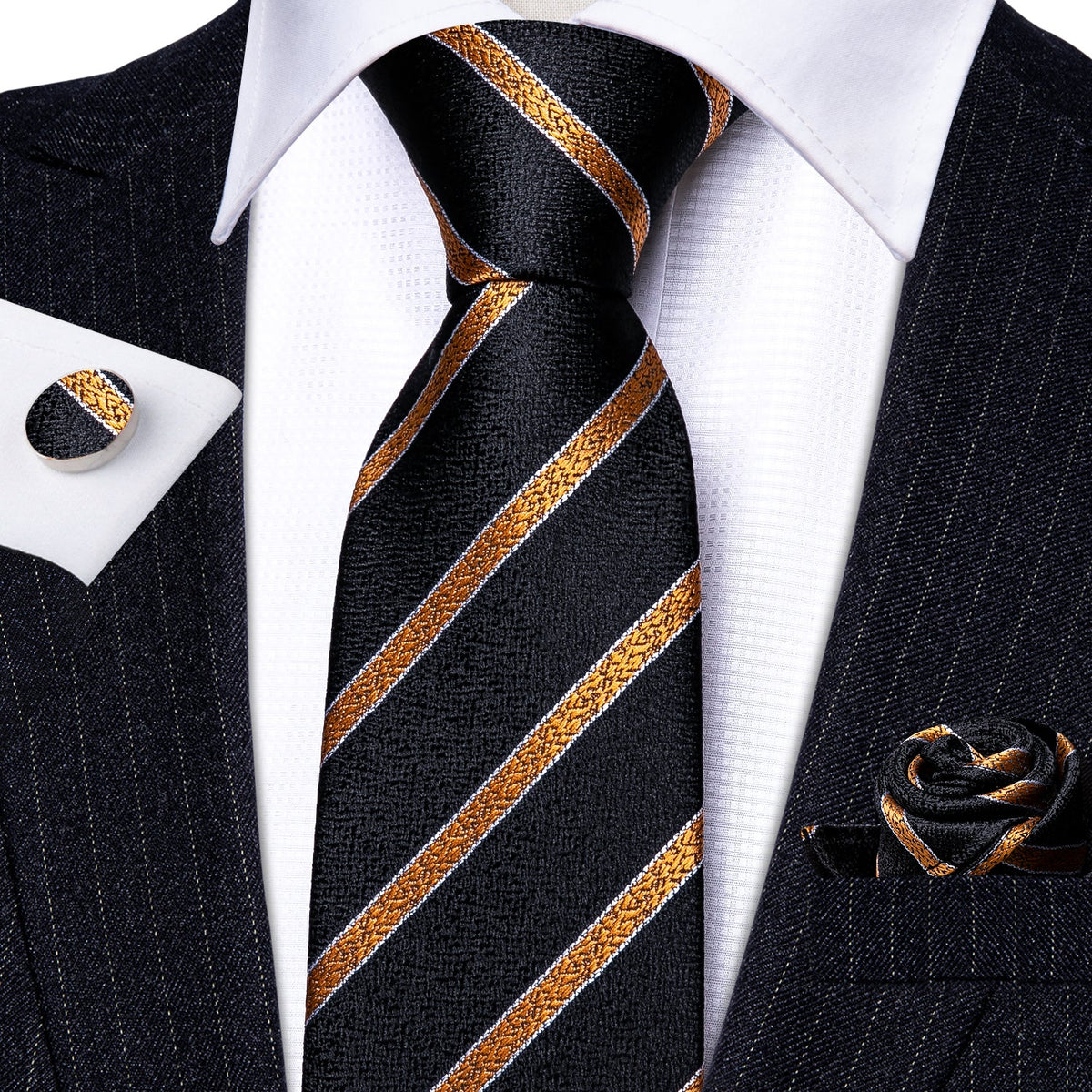 Gold-Striped Black Tie Set with Pocket Square & Cufflinks tie sets    - Sophisticated Gentlemen
