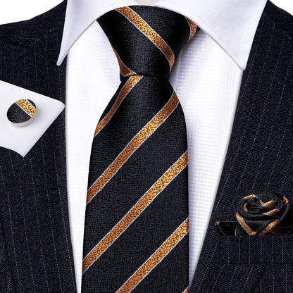 Gold-Striped Black Tie Set with Pocket Square & Cufflinks tie sets    - Sophisticated Gentlemen
