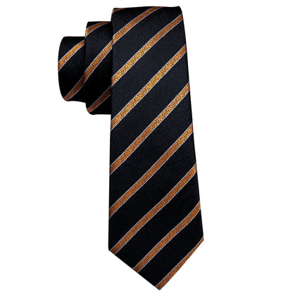 Gold-Striped Black Tie Set with Pocket Square & Cufflinks tie sets    - Sophisticated Gentlemen