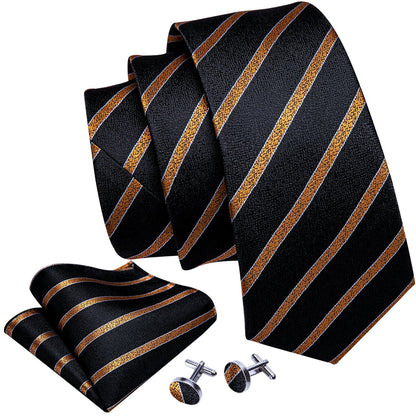 Gold-Striped Black Tie Set with Pocket Square & Cufflinks tie sets    - Sophisticated Gentlemen