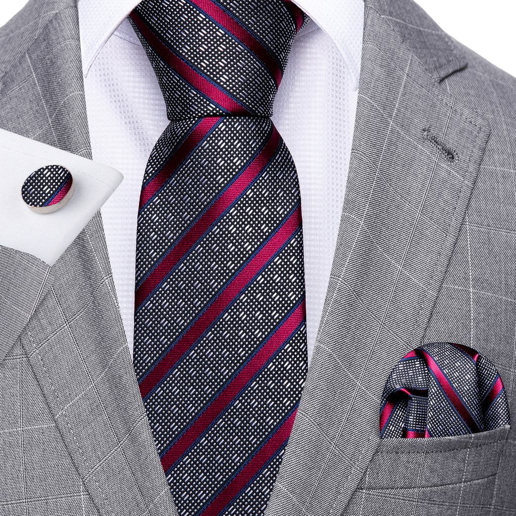 Gray Red Striped Silk Tie, Pocket Square and Cufflinks Set tie sets    - Sophisticated Gentlemen