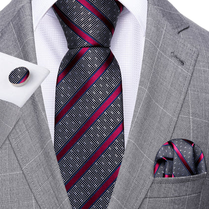 Gray Red Striped Silk Tie, Pocket Square and Cufflinks Set tie sets    - Sophisticated Gentlemen