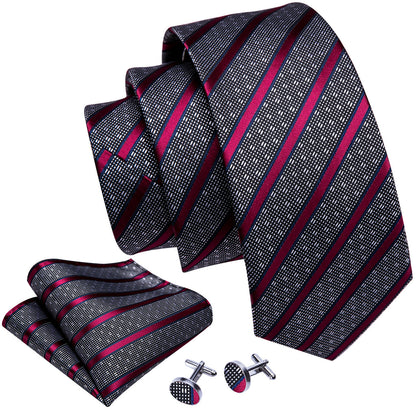 Gray Red Striped Silk Tie, Pocket Square and Cufflinks Set tie sets    - Sophisticated Gentlemen
