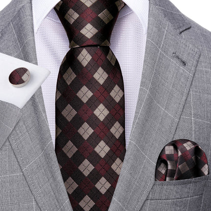 Brown Plaid Silk Checkered Tie, Pocket Square and Cufflinks Set tie sets    - Sophisticated Gentlemen
