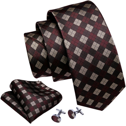 Brown Plaid Silk Checkered Tie, Pocket Square and Cufflinks Set tie sets    - Sophisticated Gentlemen