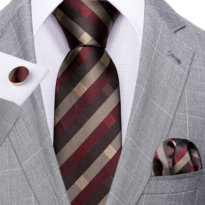 Red Brown Striped Silk Tie, Pocket Square and Cufflinks Set tie sets    - Sophisticated Gentlemen