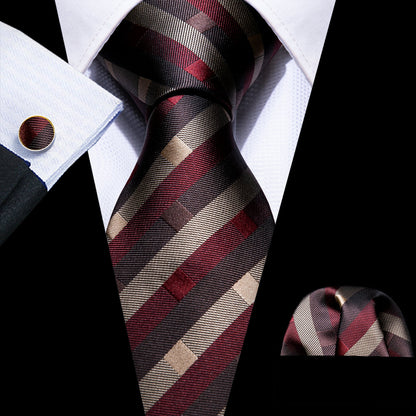 Red Brown Striped Silk Tie, Pocket Square and Cufflinks Set tie sets    - Sophisticated Gentlemen