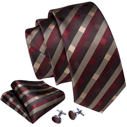 Red Brown Striped Silk Tie, Pocket Square and Cufflinks Set tie sets    - Sophisticated Gentlemen
