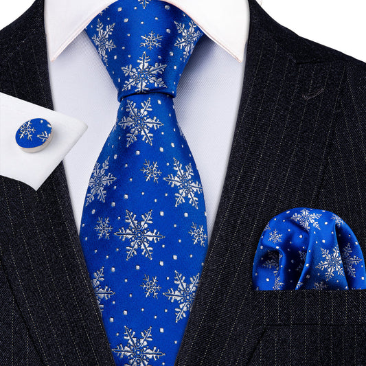 Blue White Snowflake Christmas Silk Tie, Pocket Square and Cufflinks Set tie sets    - Sophisticated Gentlemen