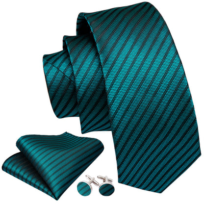 Teal Green Black Striped Tie, Pocket Square and Cufflinks Set tie sets    - Sophisticated Gentlemen