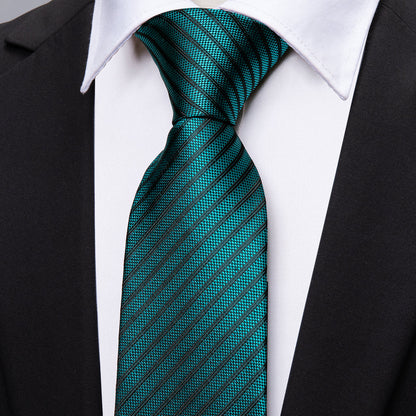 Teal Green Black Striped Tie, Pocket Square and Cufflinks Set tie sets    - Sophisticated Gentlemen