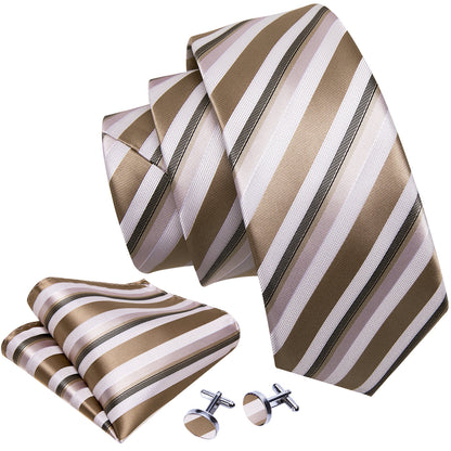 Champagne & Ivory Striped Silk Tie Set with Pocket Square & Cufflinks