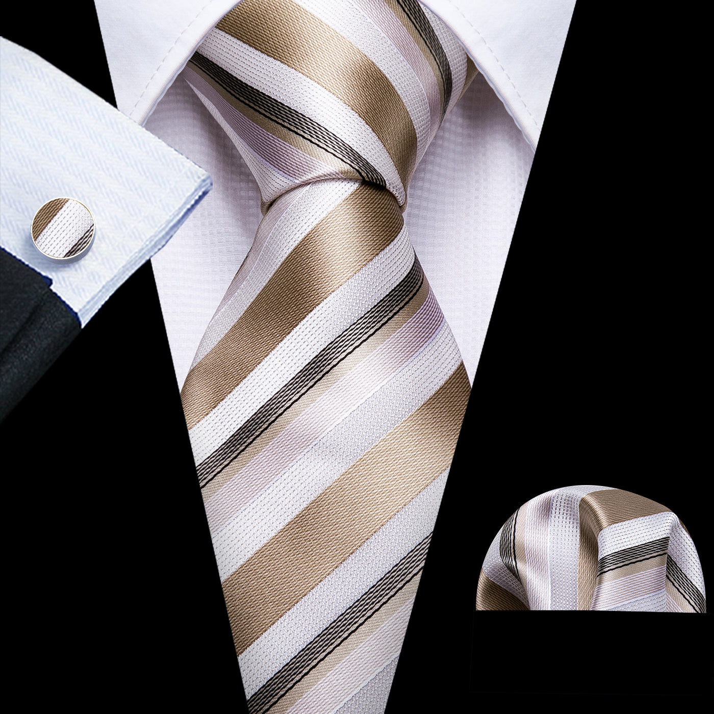 Champagne & Ivory Striped Silk Tie Set with Pocket Square & Cufflinks