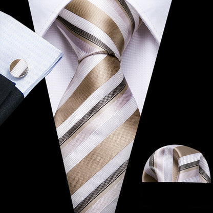 Champagne & Ivory Striped Silk Tie Set with Pocket Square & Cufflinks