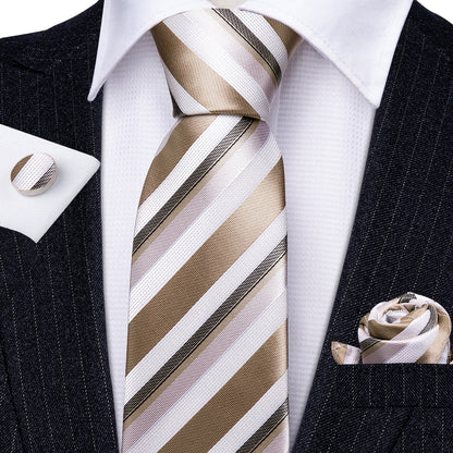 Champagne & Ivory Striped Silk Tie Set with Pocket Square & Cufflinks