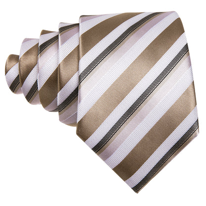 Champagne & Ivory Striped Silk Tie Set with Pocket Square & Cufflinks