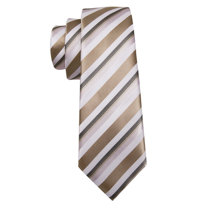 Champagne & Ivory Striped Silk Tie Set with Pocket Square & Cufflinks