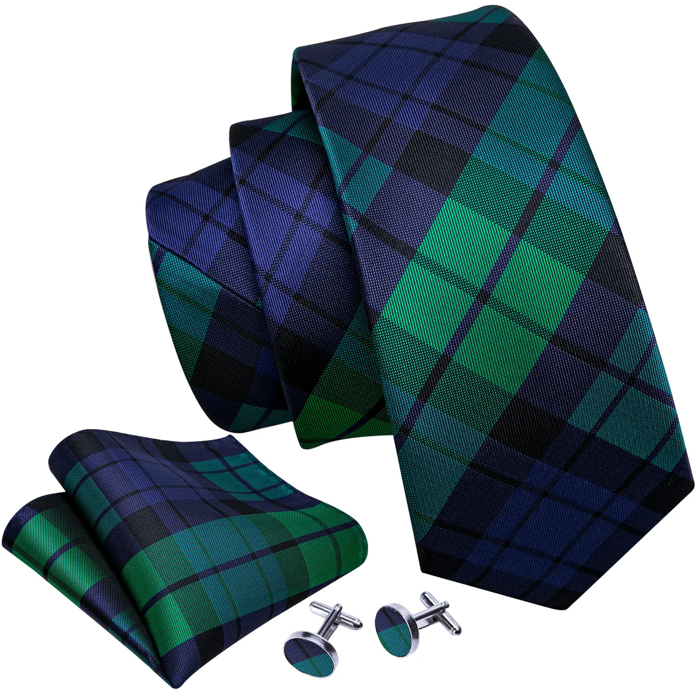 Green and navy plaid silk tie with matching pocket square and cufflinks