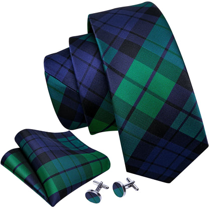 Green and navy plaid silk tie with matching pocket square and cufflinks