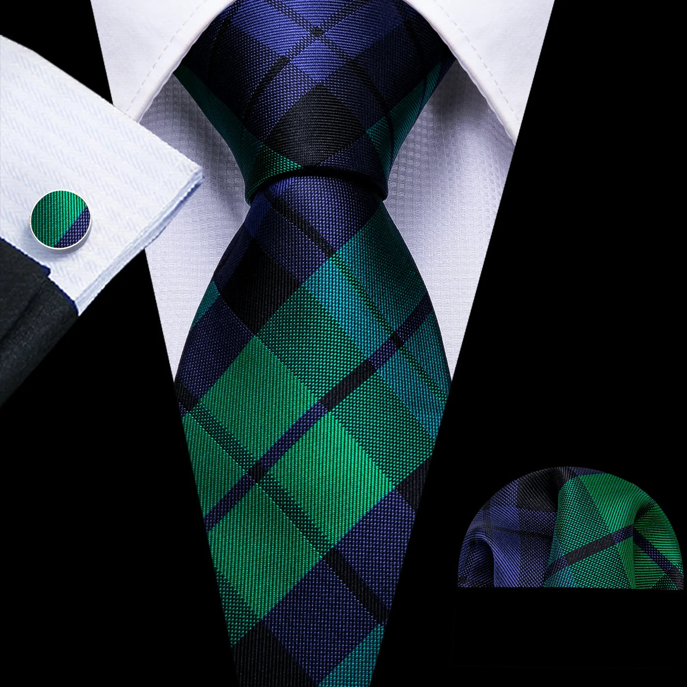 Green and navy plaid silk tie set styled with matching pocket square and cufflink