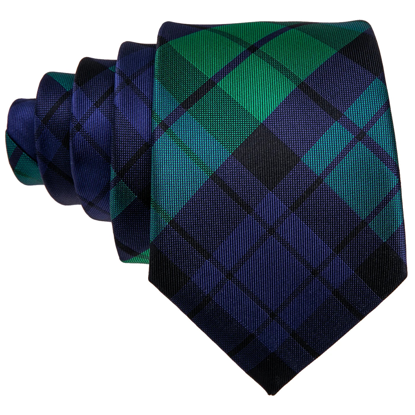 Close-up of green and navy plaid silk tie with woven check pattern