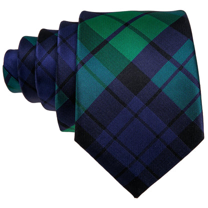 Close-up of green and navy plaid silk tie with woven check pattern