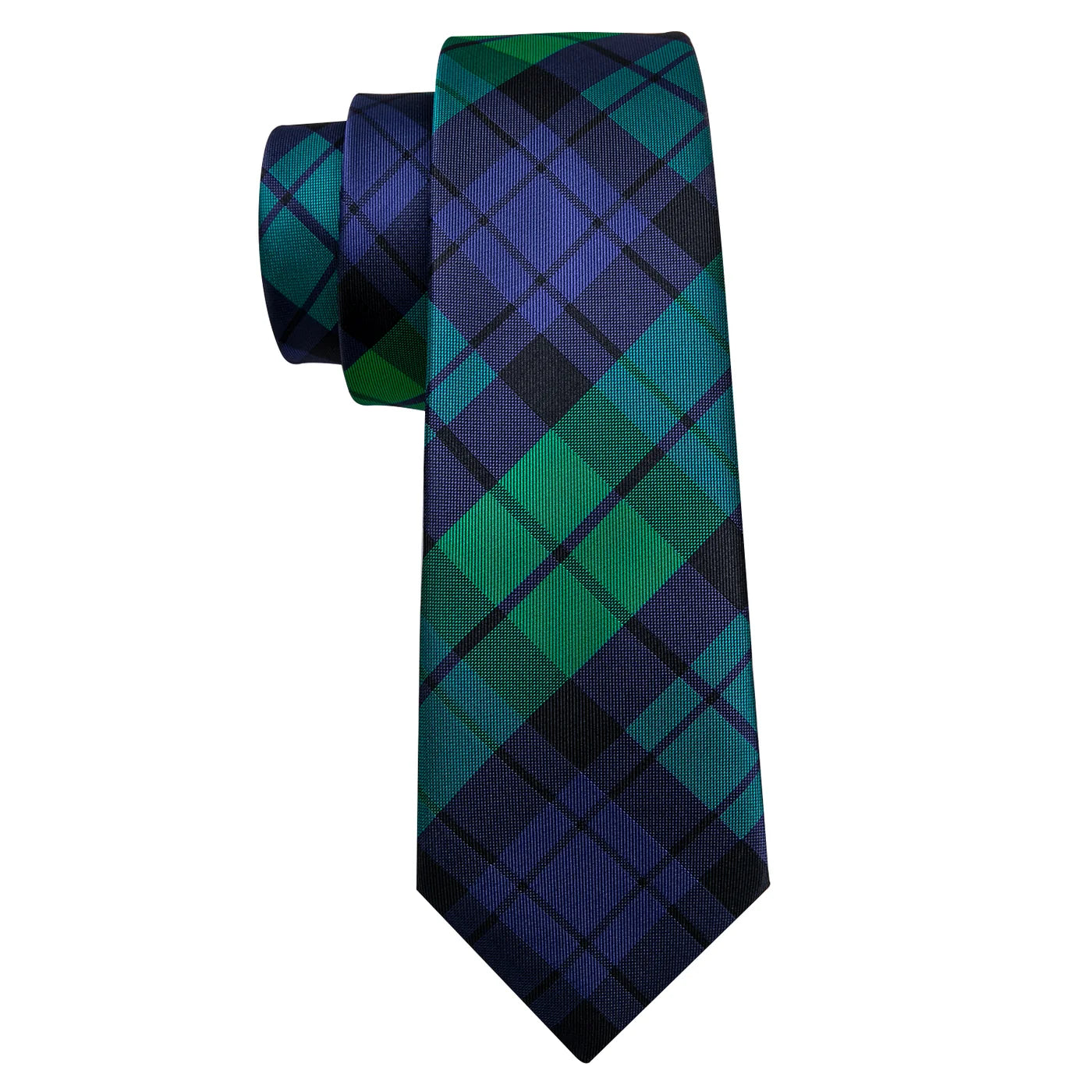 Full-length green and navy plaid silk tie on white background
