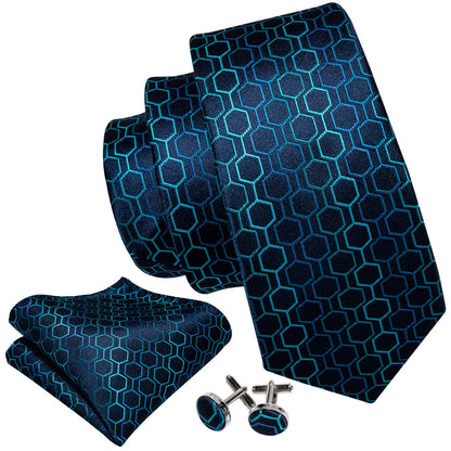 Navy & Sky Blue Geometric Plaid Silk Tie, Pocket Square & Cufflinks Set tie sets - Sophisticated Gentlemen
