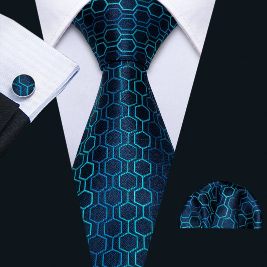 Navy & Sky Blue Geometric Plaid Silk Tie, Pocket Square & Cufflinks Set tie sets - Sophisticated Gentlemen
