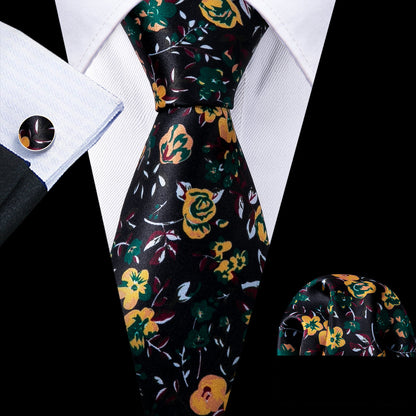 Black and Yellow Rose Floral Silk Tie, Pocket Square, and Cufflinks Set tie sets    - Sophisticated Gentlemen
