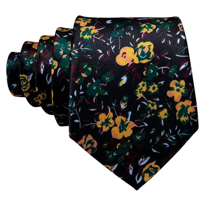 Black and Yellow Rose Floral Silk Tie, Pocket Square, and Cufflinks Set tie sets    - Sophisticated Gentlemen