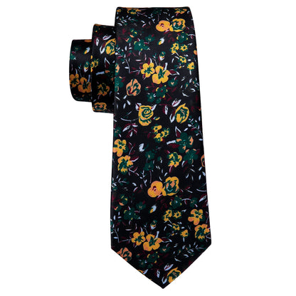 Black and Yellow Rose Floral Silk Tie, Pocket Square, and Cufflinks Set tie sets    - Sophisticated Gentlemen