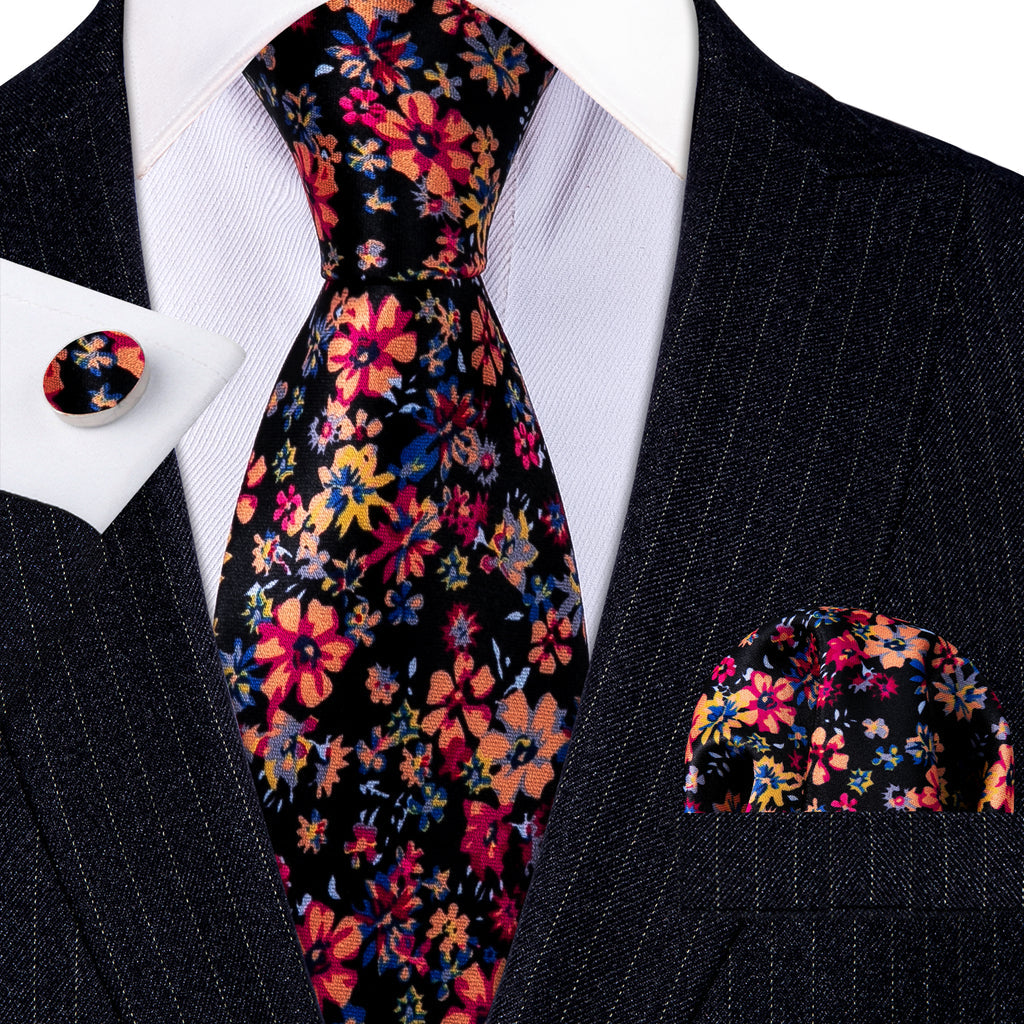 Colorful Novelty Flower Silk Tie, Pocket Square and Cufflinks Set tie sets    - Sophisticated Gentlemen
