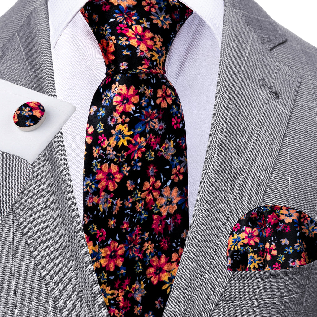 Colorful Novelty Flower Silk Tie, Pocket Square and Cufflinks Set tie sets    - Sophisticated Gentlemen